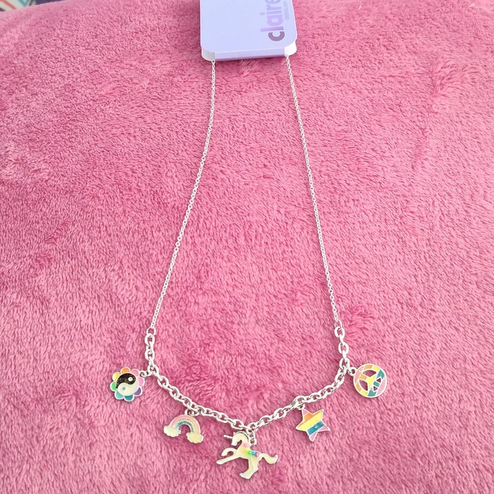 Charm Necklace - Claire's Silver Necklace with rainbow 🌈 And Unicorn 🦄 Charms